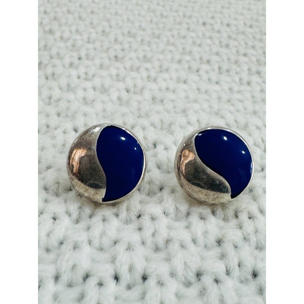 Vintage 925 Sterling Silver Blue Enamel Yin Yang Swirl Round Stud Earrings